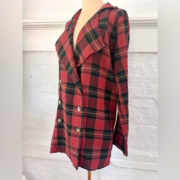 POL Red and Black Plaid Oversize Blazer Lightweight Double Breasted Long Jacket - Picture 4 of 17